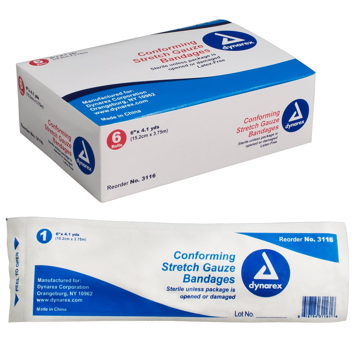 Dynarex Stretch Gauze Bandage Roll - Sterile, 6" 6ea/bx, 8bxs/cs (48 Count)