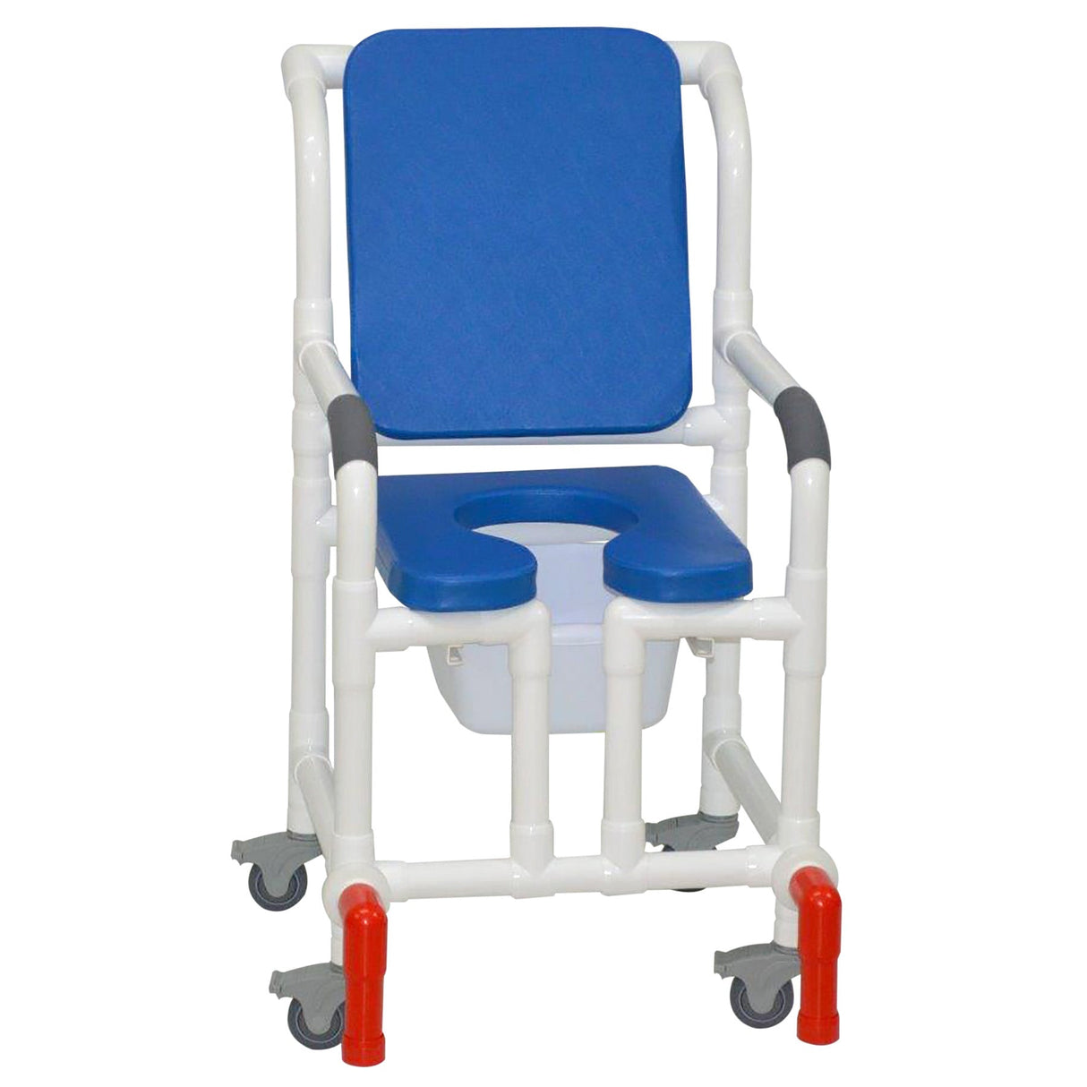 MJM International 118-3TL-SSDE-CBP-BL-OF-10-QT-C-AT Shower Chair With Total Lock Casters, Soft Seat Deluxe Elongated, Cushion Back, Open Front, Square Pail and Anti-Tippers