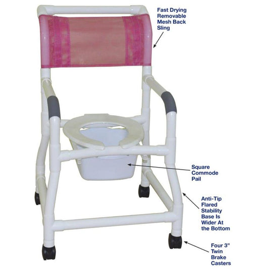 MJM International 118-3TW-FS-SQ-PAIL Shower Chair 3" Twin Casters Flared Stability, 4" Wider Bottom Base And 10 Qt Slide-out Commode Pail, 300 lbs Weight Capacity