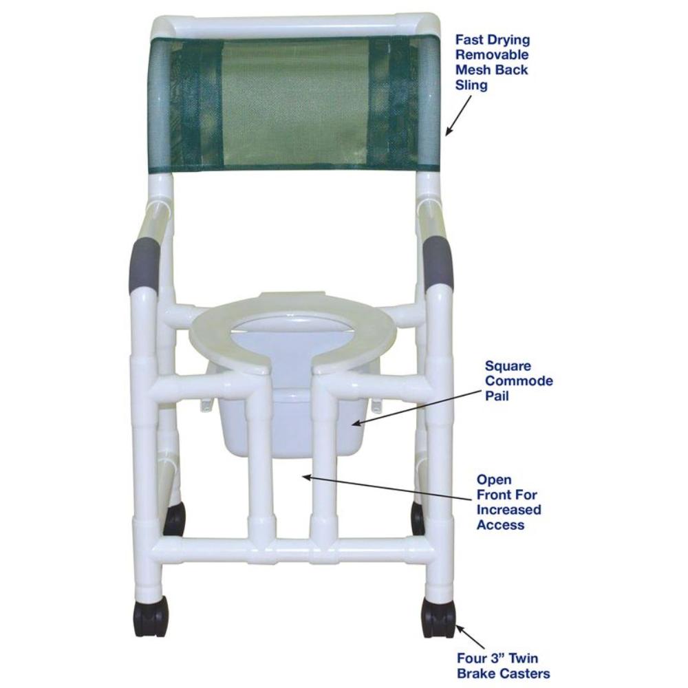 MJM International 118-3TW-OF-SQ-PAIL Shower Chair with Open Front and Slide Out 10 Qt Slide Out Commode Pail, 300 lbs Weight Capacity