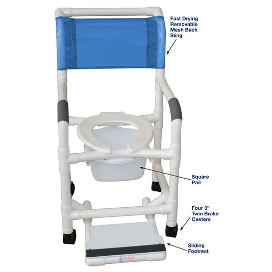 MJM International 118-3TW-SF-SQ-PAIL Shower Chair Open Front Seat, Sliding Footrest, 10 Qt Slide Out Commode Pail, 300 lbs Weight Capacity