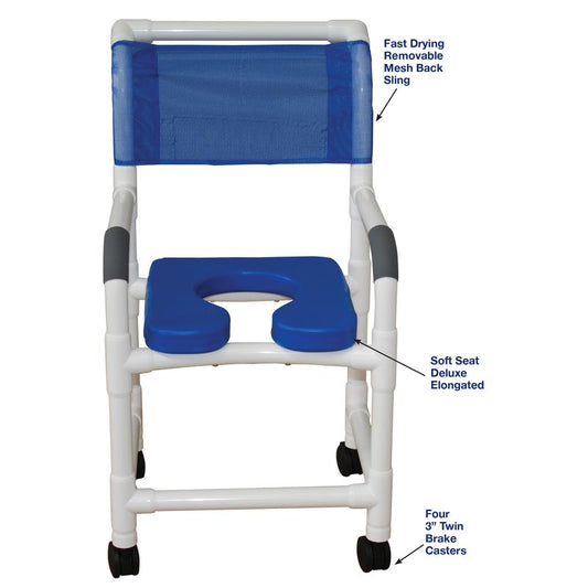 MJM International 118-3TW-SSDE-BL Shower Chair 18" Internal Width, 3" Twin Casters, Blue Open Front Soft Seat, 300 lbs Weight Capacity