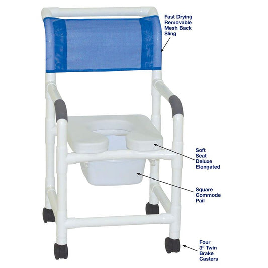 MJM International 118-3TW-SSDE-SQ-PAIL Shower Chair Deluxe Elongated Open Front Soft Seat, 10 Qt Slide Out Commode Pail, 300 lbs Weight Capacity