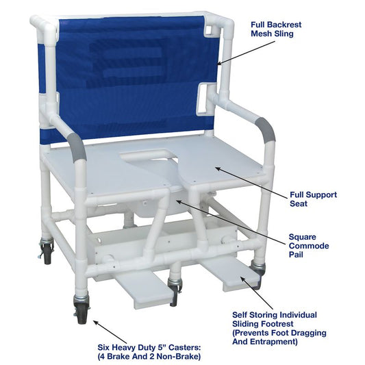 MJM International 131-5HD-DB Bariatric Shower Chair 30" Internal Width Full Support Seat With Commode Opening, Individual Slide Out Footrest, 900 Lbs Weight Capacity