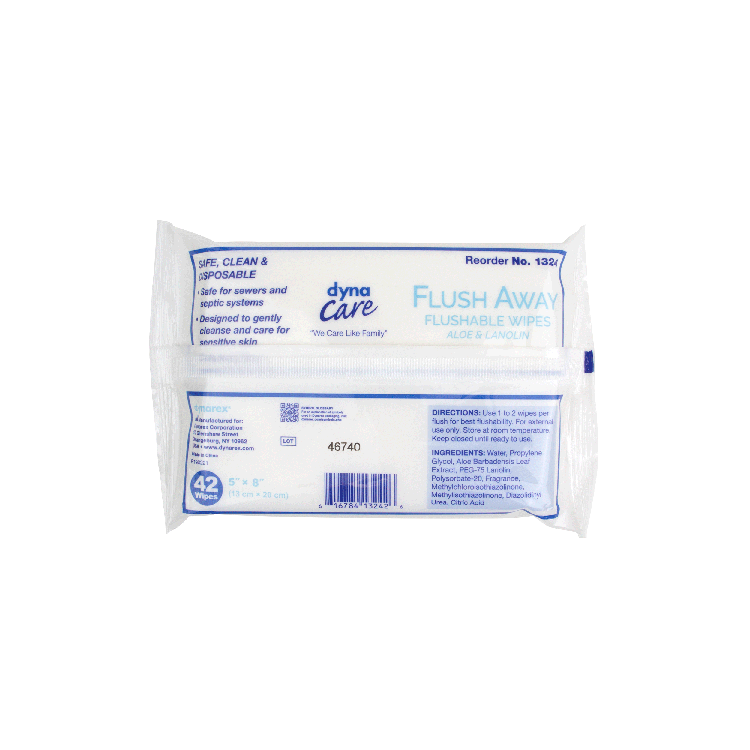 DynaCare Flushable Wipes - Junior, 5" x 8" Soft Pack, 12pks/case (504 Count)