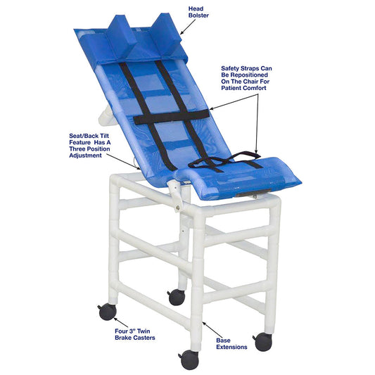 MJM International 191-LC-B-HB Reclining Bath Chair Large with Double Base and Head Bolster, 180 lbs Capacity, 41.5" Seat Height x 45" Length x 19.75" Width, Royal Blue