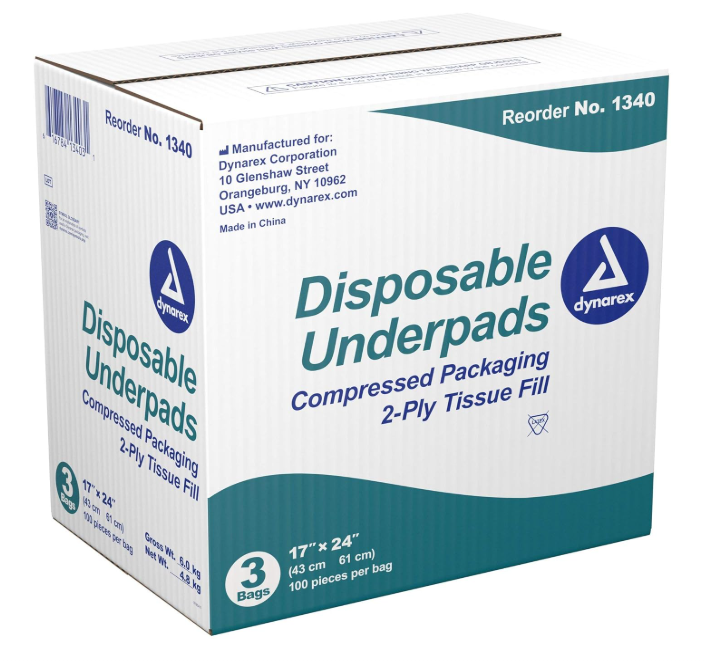 Dynarex Disposable Underpads - Tissue Fill (2 ply), 17" x 24", 100ea/bag, 3bags/case (300 Count)
