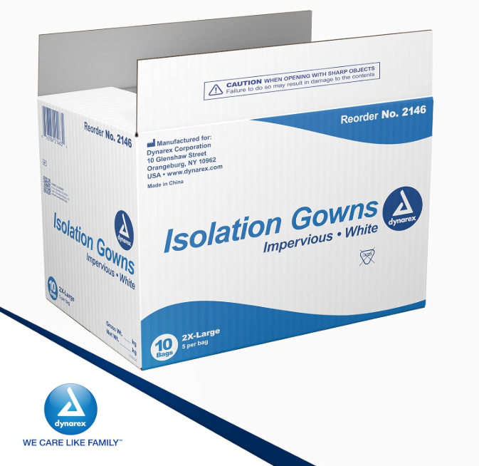 Dynarex Isolation Gown Poly - Coated Barrier, XX-Large, White - 5ea/bx, 10bxs/case (50 Count)