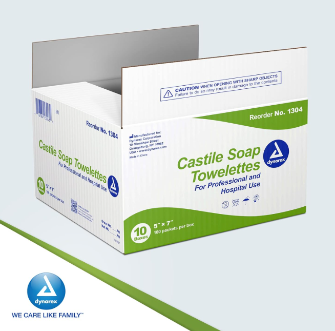 Dynarex Castile Soap Towelettes, 5" x 7", 100ea/bx, 10bxs/case (1000 Count)