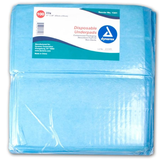 Dynarex Disposable Underpads, 17" x 24" (22 g), 100ea/bag, 3bags/case (300 Count)