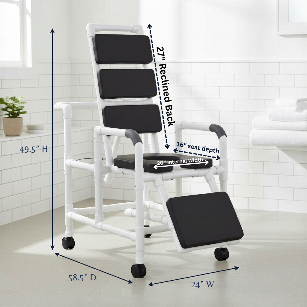 MJM International 193-SSDE-TP Reclining Padding Shower Chair With Open Front Soft Seat And Elevated Leg Extension, 325 Lbs Weight Capacity