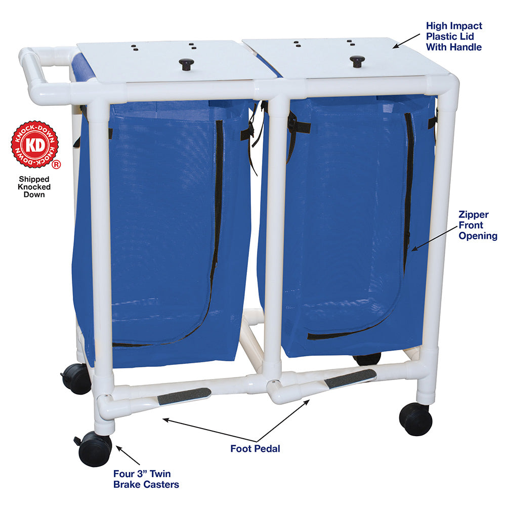 MJM International 214-D-FP Double hamper with mesh bag (23 gallon capacity per bag), 3" twin casters, zipper opening, push/pull handle & footpedal