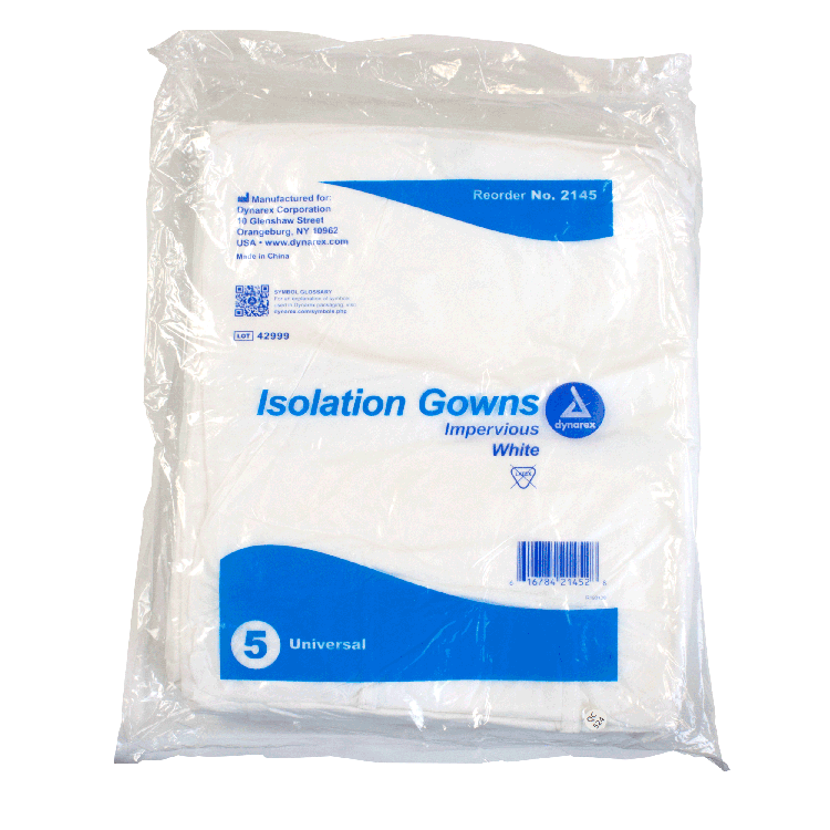 Dynarex Isolation Gown Poly - Coated Barrier, Universal, White - 5ea/bx, 10bxs/case (50 Count)