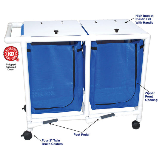 MJM International 218-D-FP Double hamper with mesh bag (43 gallon capacity per bag), 3" twin casters, zipper opening, push/pull handle & footpedal