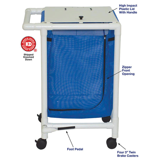 MJM International 218-S-FP Single hamper with mesh bag (43 gallon capacity per bag), 3" twin casters, zipper opening, push/pull handle & footpedal