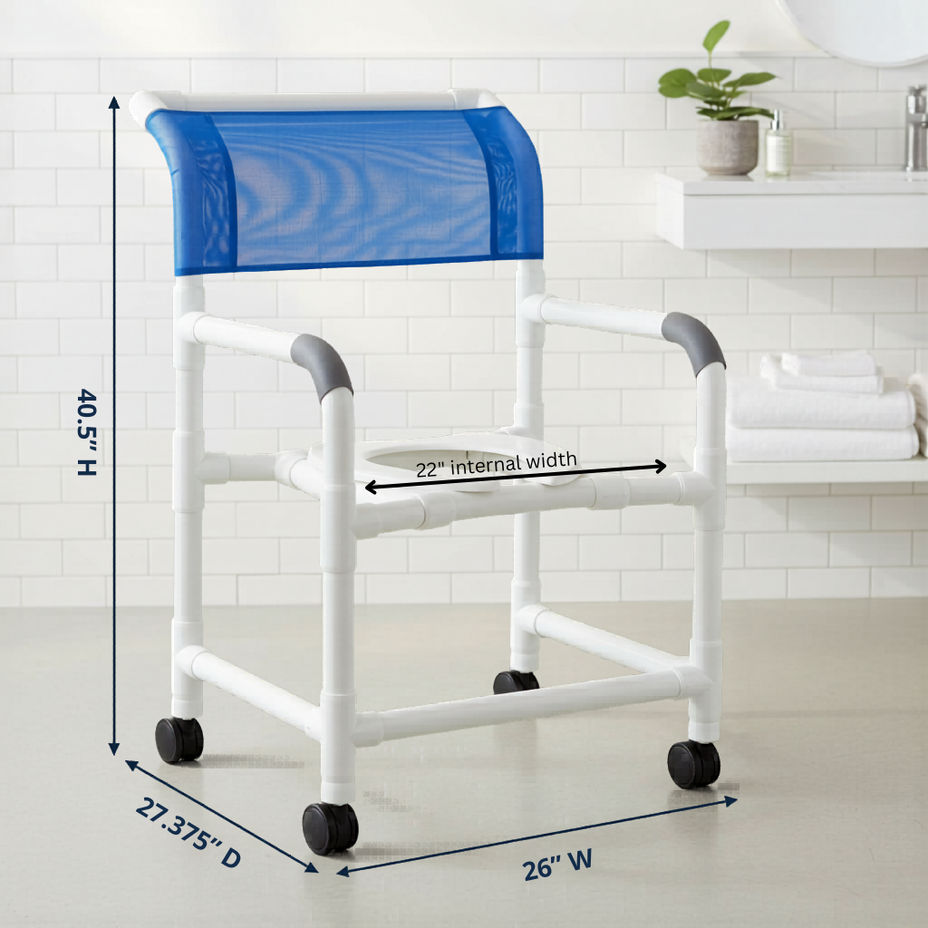 MJM International 122-3TW Wide Shower Chair 22" Internal Width, Open Front Seat, 3" Twin Casters, 375 Lbs Weight Capacity