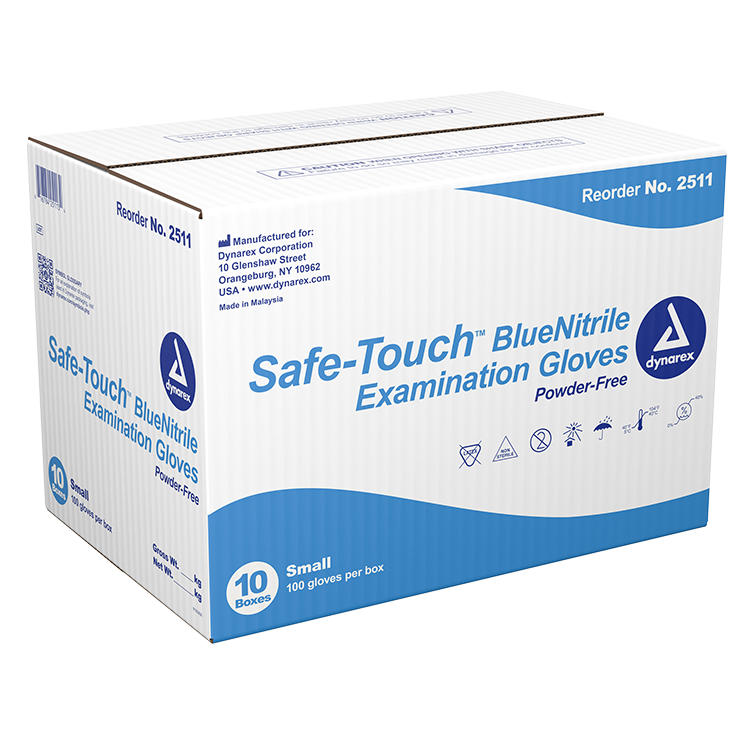 Dynarex Safe-Touch Blue Nitrile Exam Gloves - Non-Latex, Powder-Free - 100/box, 10bxs/case (1000 Count)