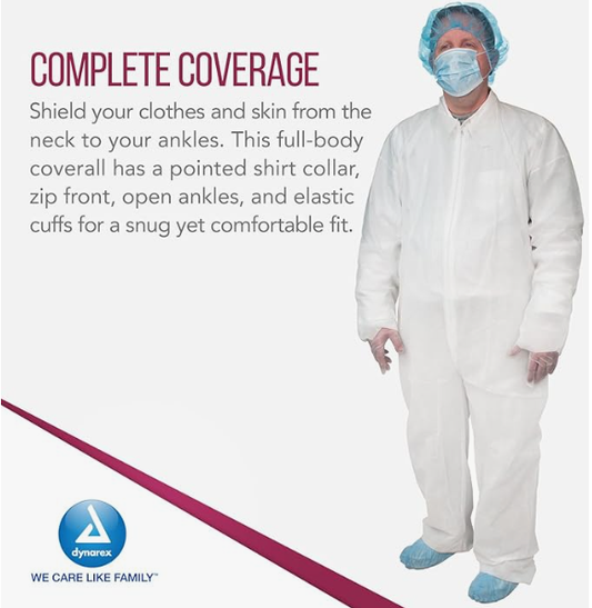 Dynarex Disposable Coveralls, Universal Size, White - 5ea/bx, 5bxs/case (25 Count)