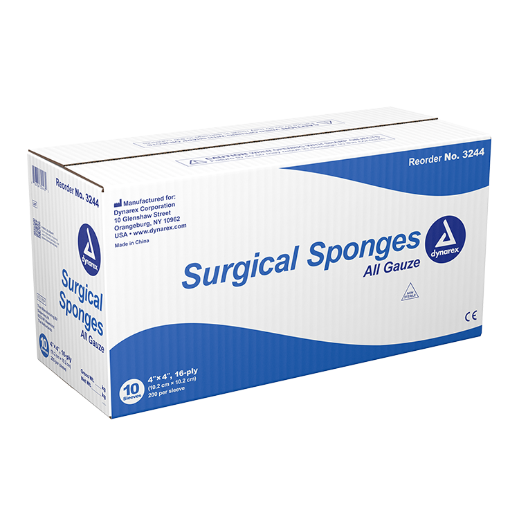 Dynarex Surgical Gauze Sponge, 4" x 4" - 200ea/bx 10bxs/cs (2000 Count)