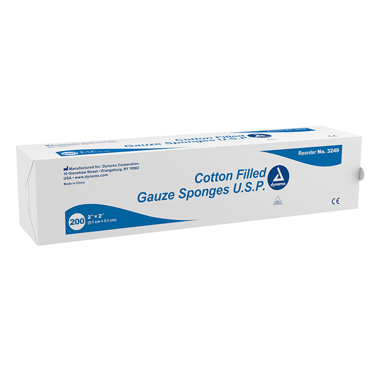 Dynarex Surgical Gauze Sponge, 2" x 2" Cotton Filled, 200ea/bx, 25bxs/cs (5000 Count)