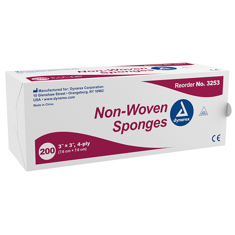 Dynarex Non-Woven Sponge, 3" x 3" 4 Ply 200ea/bx, 20bxs/cs (4000 Count)