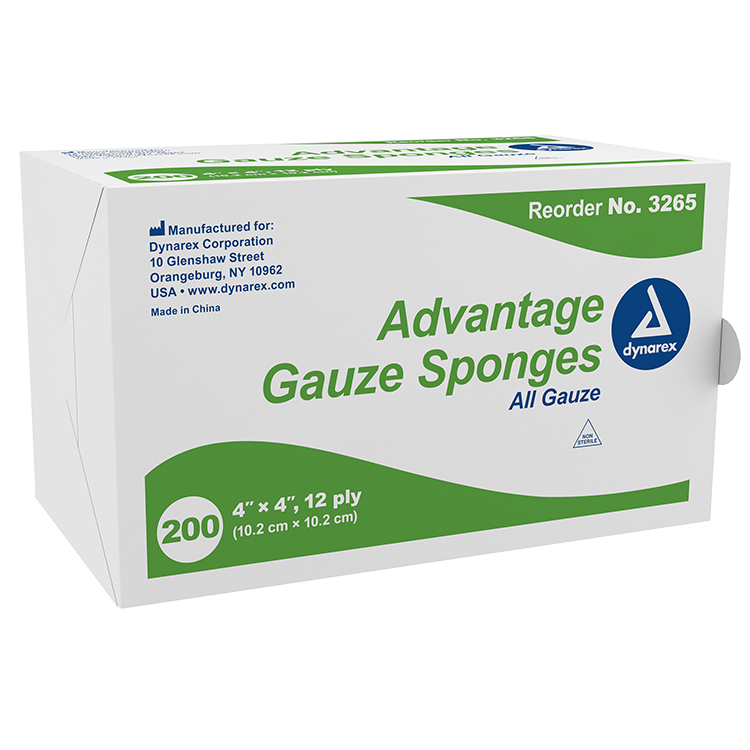 Dynarex Advantage Surgical Sponges, 4" x 4" 12 Ply - 200ea/bx, 10bxs/cs (2000 Count)
