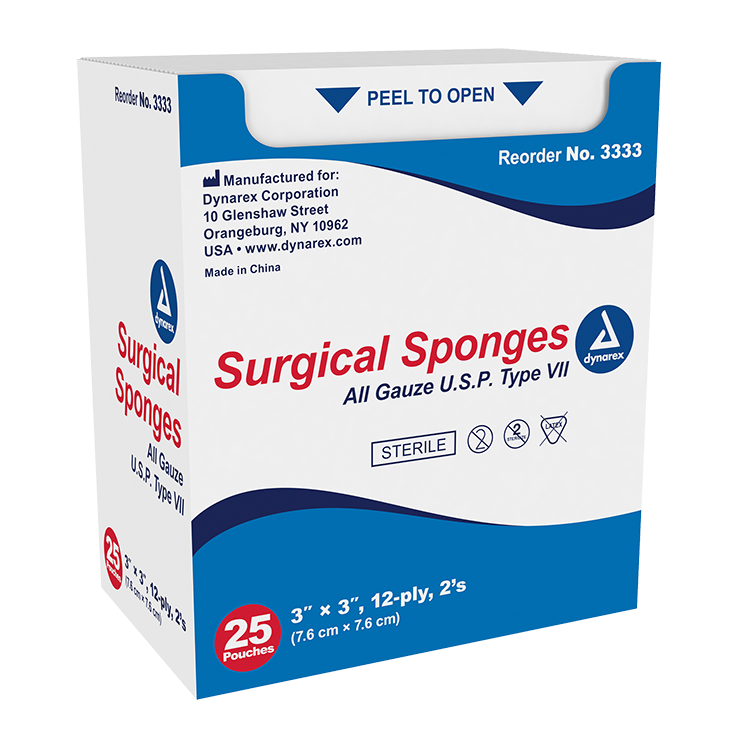 Dynarex Surgical Gauze Sponge - Sterile 2's, 3" x 3" 12 Ply - 25ea/bx, 48bxs/cs (1200 Count)