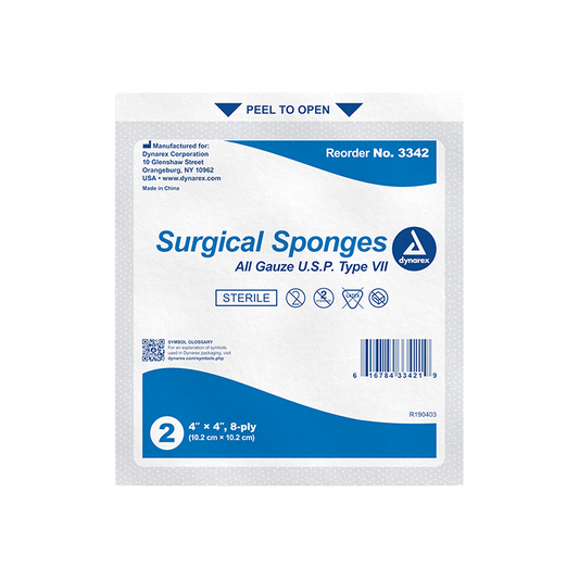 Dynarex Surgical Gauze Sponge - Sterile 2's, 4" x 4" - 25ea/bx, 24bxs/cs (600 Count)