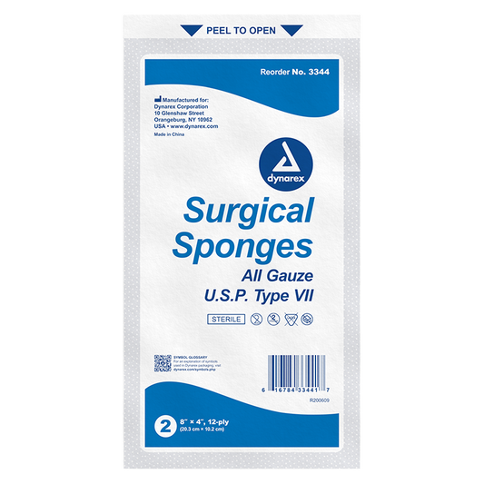 Dynarex Surgical Gauze Sponge - Sterile 2's, 8" x 4" 12 Ply, 25ea/bx, 20bxs/cs (500 Count)