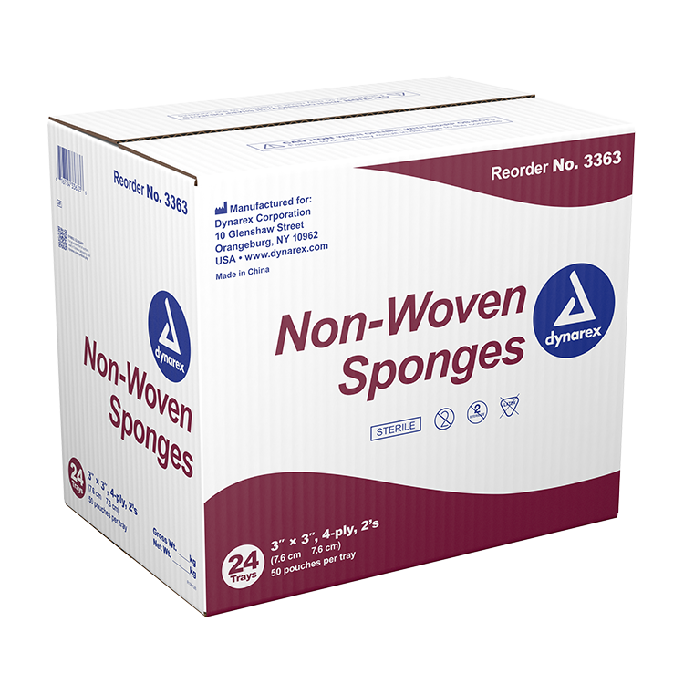 Dynarex Non-Woven Sponge - Sterile 2's, 3" x 3" 4 Ply - 50ea/bx, 24bxs/cs (1200 Count)