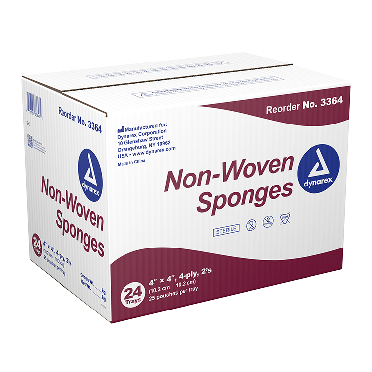 Dynarex Non-Woven Sponge - Sterile 2's, 4" x 4" 4 Ply, 25ea/bx, 24bxs/cs (600 Count)