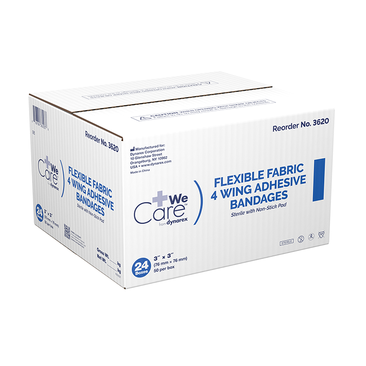 Dynarex Adhesive Fabric Bandages Four Wing Sterile, 3" x 3" - 24ea/bx, 50bxs/cs (1200 Count)