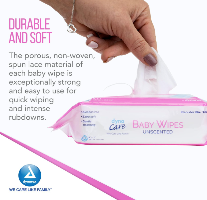 DynaCare Baby Wipes unscented w/ Plastic Lid, 5" x 7", 24pks/case (1920 Count)