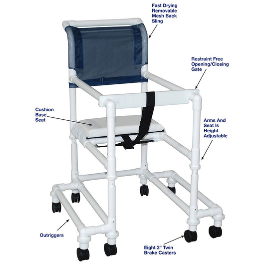 MJM International 418-OR-3TW-T 18" internal width, anti-tip outriggers, 3" twin casters, height adjustable, for residents / patients between 6'-6'6", 300 lbs weight capacity