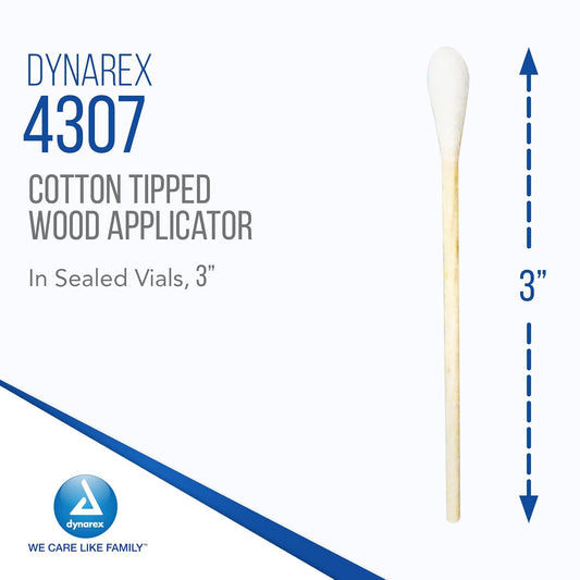 Dynarex Cotton Tip Applicators in Sealed Vial - 3" Length, 100ea/vial, 50vials/cs (5000 Count)
