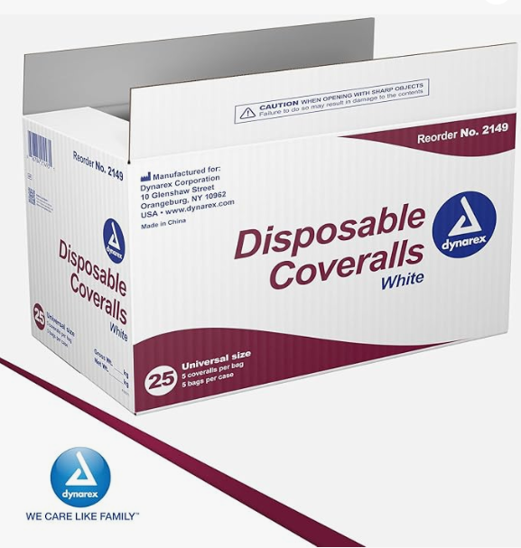 Dynarex Disposable Coveralls, Universal Size, White - 5ea/bx, 5bxs/case (25 Count)