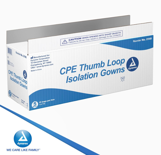 Dynarex CPE Thumb Loop Isolation Gown, Blue - 15ea/bx, 5bxs/case (75 Count)