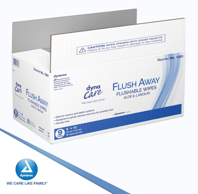 DynaCare Flushable Wipes - Adult, 9" x 13" Tub, 9tubs/case (540 Count)