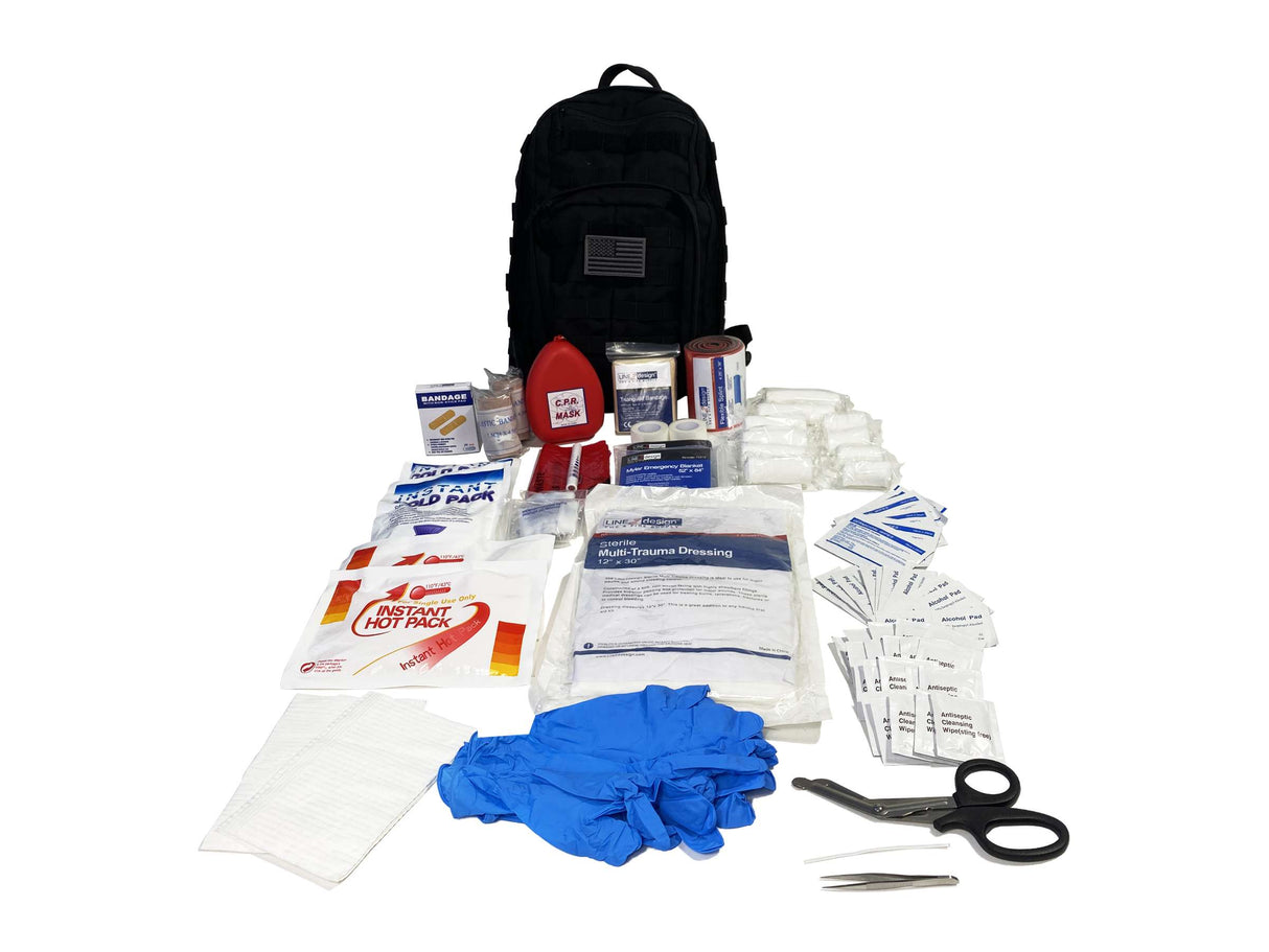 LINE2design Emergency Medical Stop Bleeding First Aid Kit, Tactical MOLLE Backpack Fully Stocked Rescue Kit