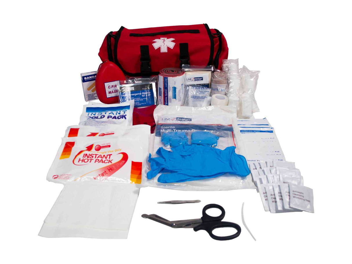 LINE2design Emergency First Aid Responder Kit Medical EMS Economic Fully Stocked Bag For All Emergencies - Red