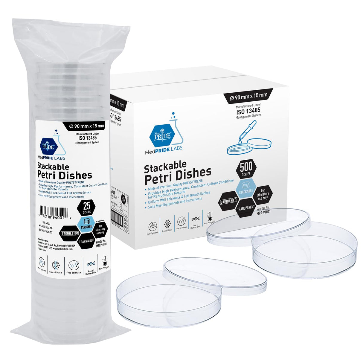 MedPride Stackable Petri Dishes with Lids, Sterile 90mmx15mm - 20 Pack of 25 (500 Count)