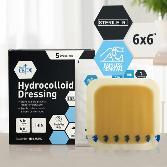 Medpride Hydrocolloid Wound Dressing Pads 6"x6" Thin, Sterile Adhesive Patches, 5/Pack, Case of 12 (60 Count)