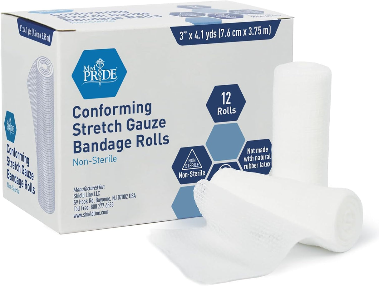 MedPride Conforming Stretch Gauze Bandage Roll - Non-Sterile - 12 Rolls, Case of 8 (96 Count)