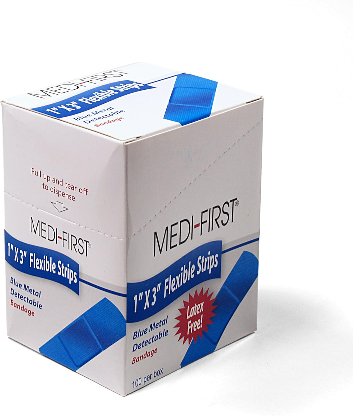 A box of Medique blue metal detectable bandages, each bandage is 1 inch by 3 inches, they are packaged in a white box with blue accents and text.