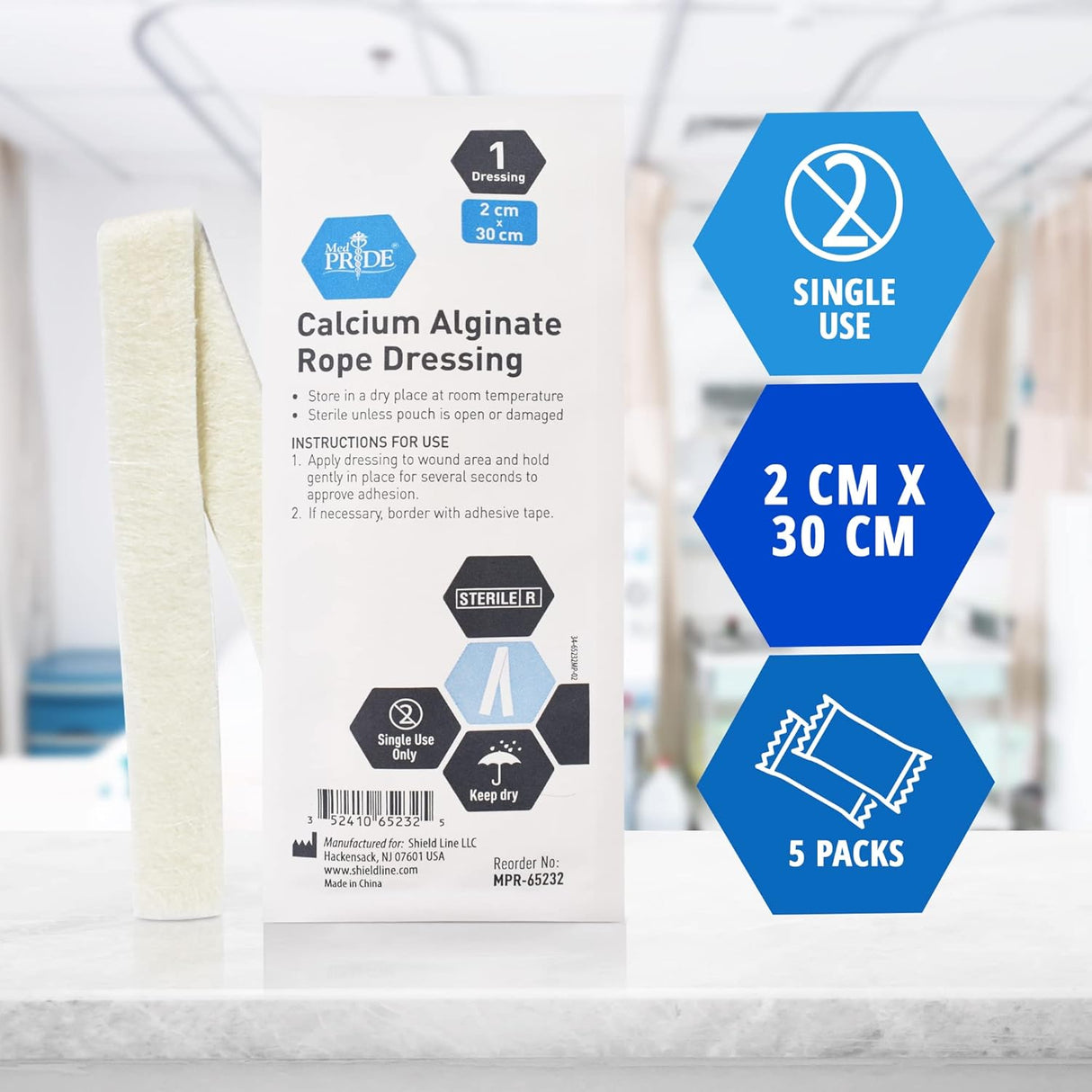MedPride Calcium Alginate Rope Dressing, Sterile Hydrophilic Wound Dressing Rope for Open Wounds, Burns, Ulcers & Minor Traumas, 3/4"x12" - 5/Pack, Case of 12 (60 Count)