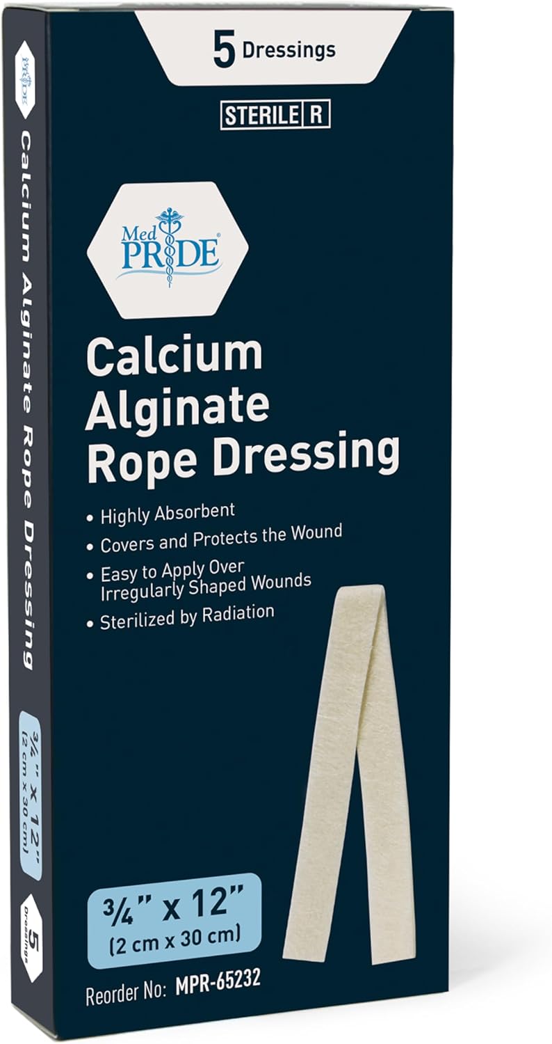 MedPride Calcium Alginate Rope Dressing, Sterile Hydrophilic Wound Dressing Rope for Open Wounds, Burns, Ulcers & Minor Traumas, 3/4"x12" - 5/Pack, Case of 12 (60 Count)