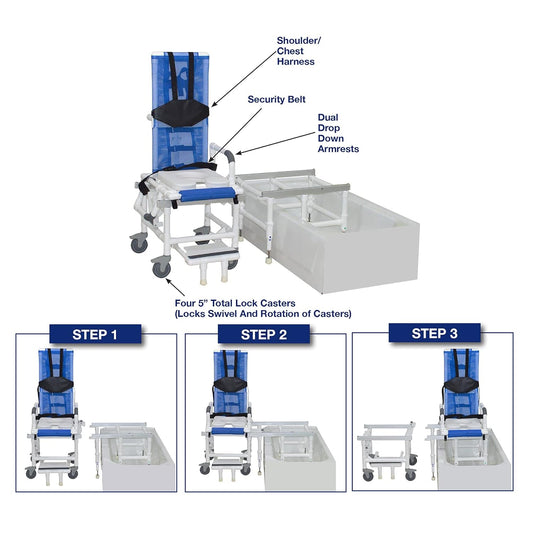 MJM International D118-5-TIS-SLIDE-N Dual Shower/Transferchair With Tilt Slider With Deluxe Elongated Open Front Soft Seat And Dual Drop Down Armrests