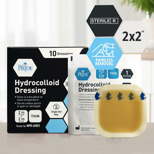 Medpride Hydrocolloid Wound Dressing Pads 2"x2" Thin, Sterile Adhesive Patches, 10/Pack, Case of 20 (200 Count)