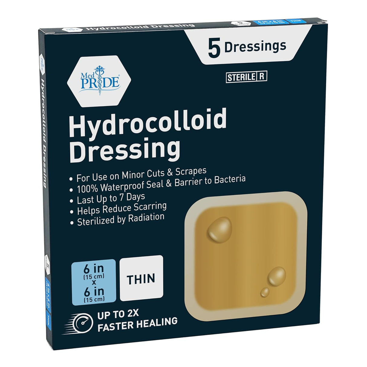 Medpride Hydrocolloid Wound Dressing Pads 6"x6" Thin, Sterile Adhesive Patches, 5/Pack, Case of 12 (60 Count)