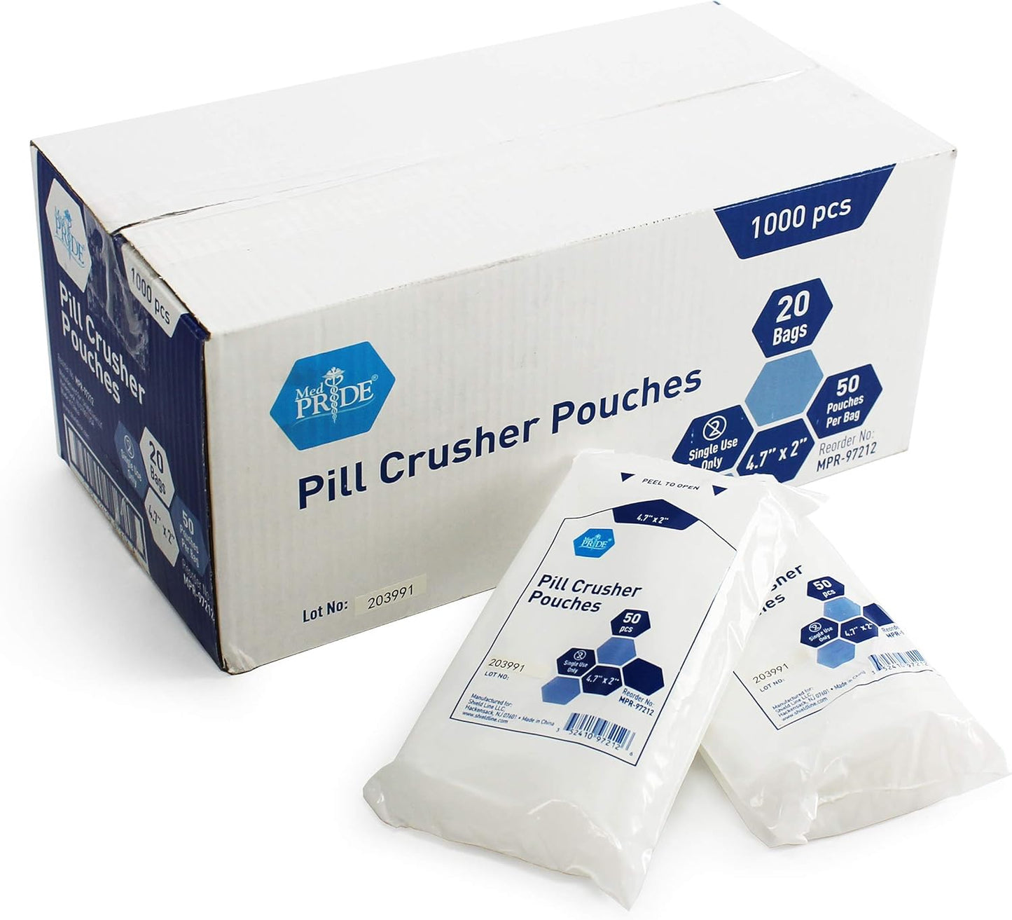 MedPride Pill Crusher Pouches 4.7" x 2 - 50 Pouches x 20Bags/Case (1000 Count)